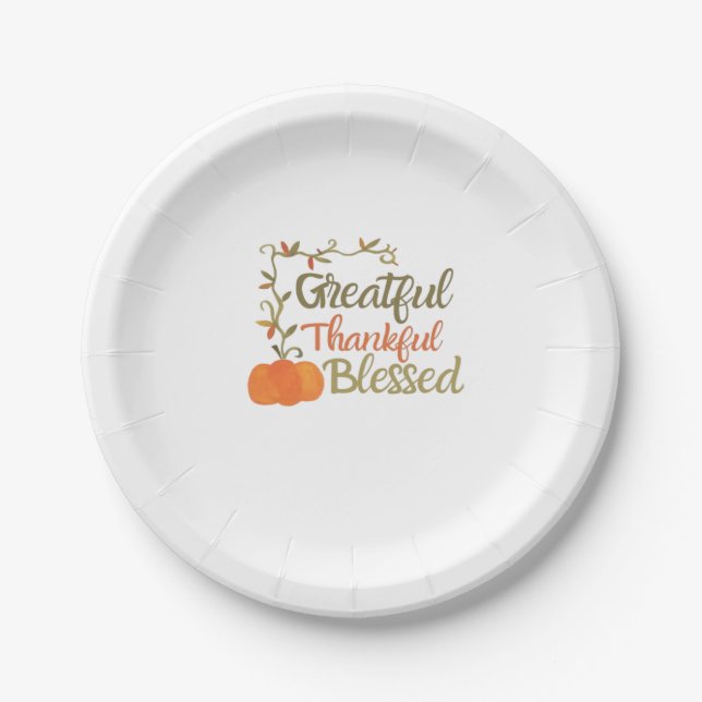 Grateful Thankful Blessed Fall Quote  Autumn Thank Paper Plate (Front)