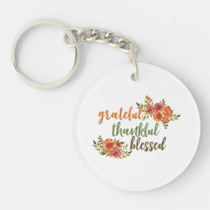 Grateful, Thankful, Blessed Floral Typography Key Ring