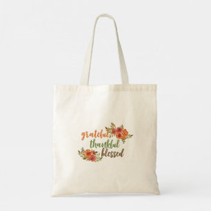 Grateful, Thankful, Blessed Floral Typography Tote Bag