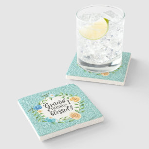 Grateful Thankful Blessed Floral Watercolor Wreath Stone Coaster