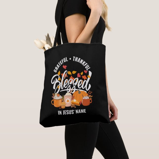 GRATEFUL THANKFUL BLESSED IN JESUS' NAME Christian Tote Bag (Close Up)