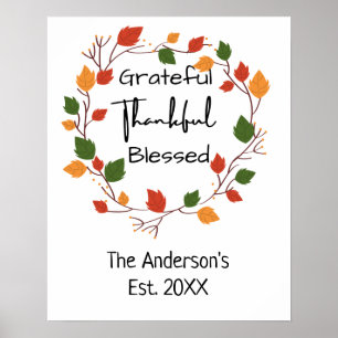 Grateful Thankful Blessed Leaves Fall Orange Red Poster