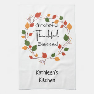 Grateful Thankful Blessed Leaves Fall Orange Red Tea Towel