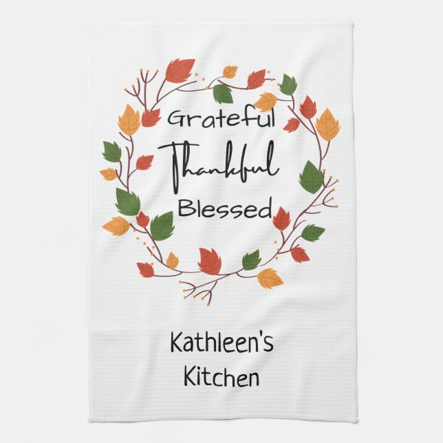 Grateful Thankful Blessed Leaves Fall Orange Red Tea Towel (Vertical)