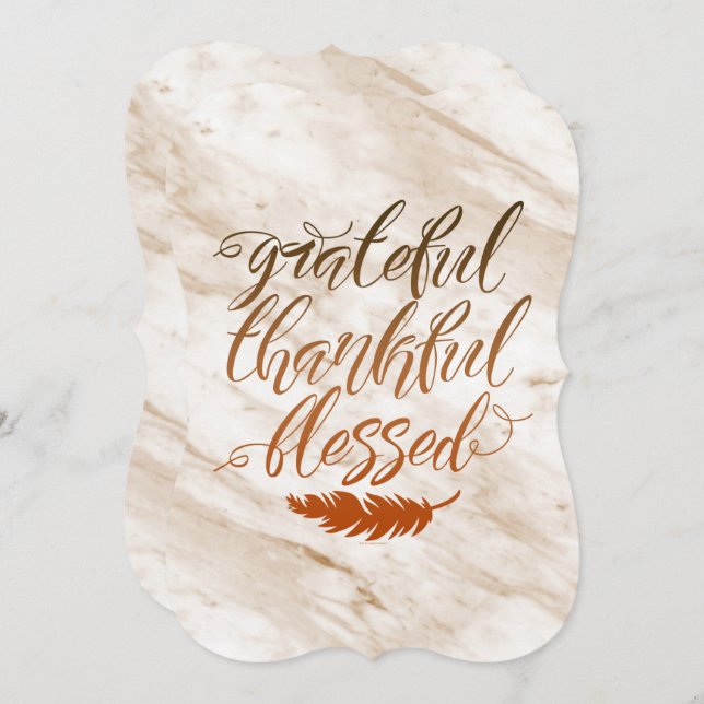 Grateful Thankful Blessed Modern Marble Feather Invitation (Front/Back)