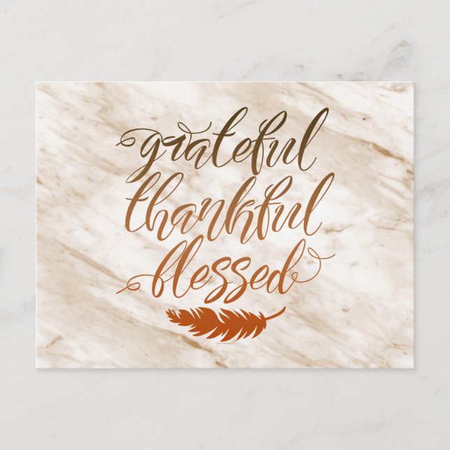 Grateful Thankful Blessed Modern Marble Feather Postcard (Front)