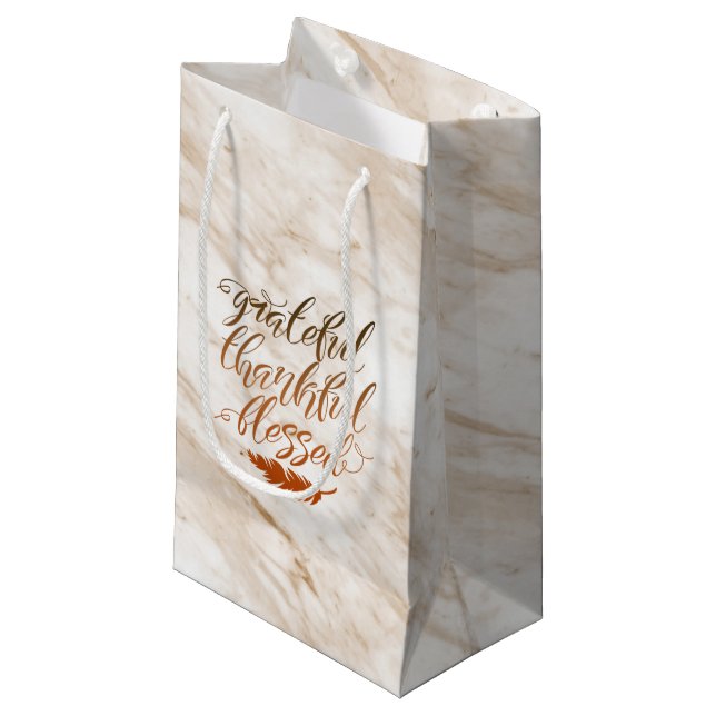 Grateful Thankful Blessed Modern Marble Feather Small Gift Bag (Front Angled)