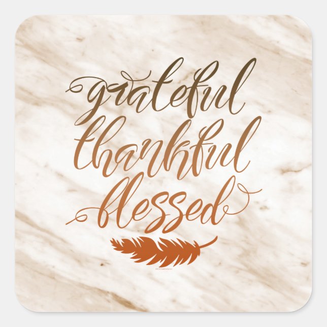Grateful Thankful Blessed Modern Marble Feather Square Sticker (Front)