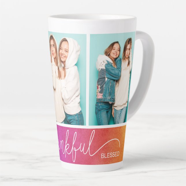 Grateful Thankful Blessed Modern Three Photo Latte Mug (Right Angle)