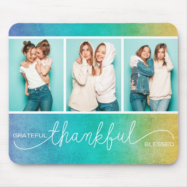 Grateful Thankful Blessed Modern Three Photo Mouse Mat (Front)