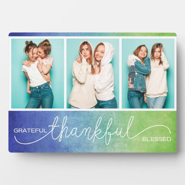 Grateful Thankful Blessed Modern Three Photo Plaque (Front)