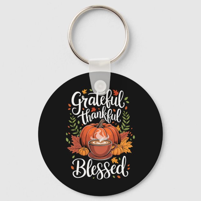 Grateful Thankful Blessed Pumpkin Coffee Fall Than Key Ring (Front)