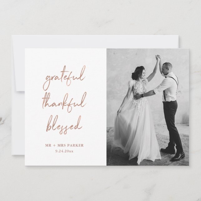 Grateful Thankful Blessed | Rose Gold Script Photo Thank You Card (Front)