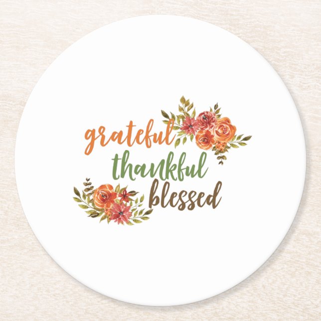 Grateful, Thankful, Blessed Round Paper Coaster (Front)