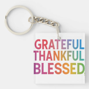 Grateful, Thankful, Blessed Square Design Key Ring