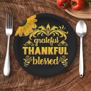 Grateful, Thankful, Blessed Sunflower Paper Plate