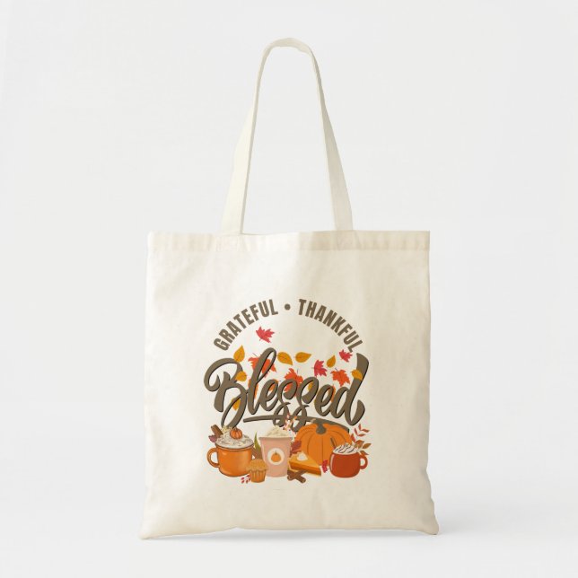 GRATEFUL THANKFUL BLESSED Thanksgiving Tote Bag (Front)