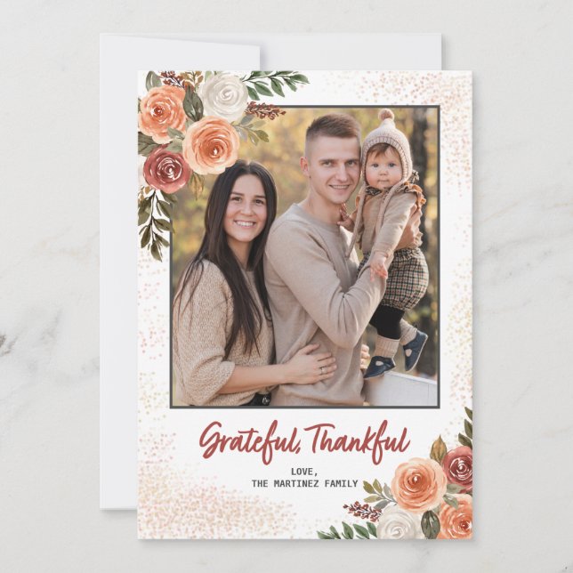 Grateful Thankful Blessed Two-Photo Thanksgiving Holiday Card (Front)
