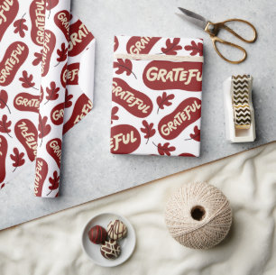 Grateful Thanksgiving Fall Leaves White Seamless Wrapping Paper