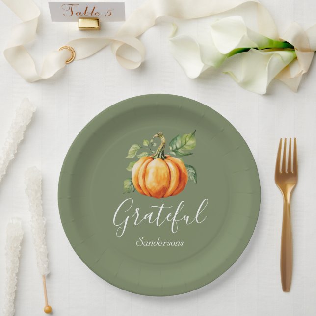 Grateful Thanksgiving Orange Pumpkin Personalised Paper Plate (Wedding)