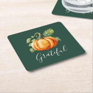 Grateful Thanksgiving Pumpkin Green Square Paper Coaster