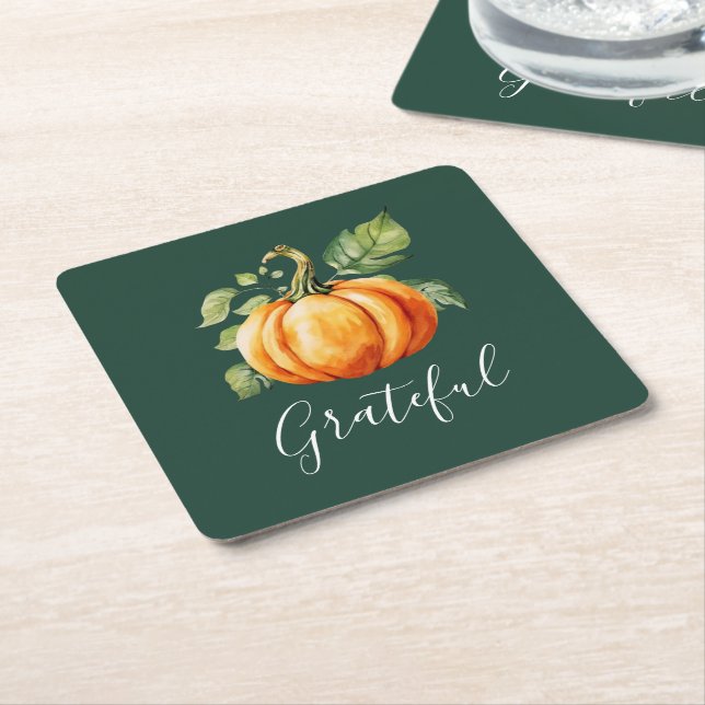 Grateful Thanksgiving  Pumpkin Green Square Paper Coaster (Angled)