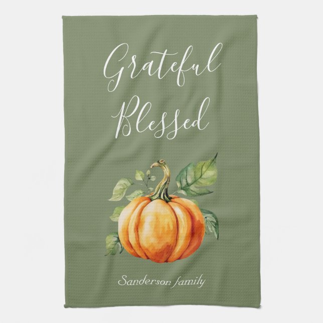 Grateful Thanksgiving Pumpkin Moss Green Tea Towel (Vertical)