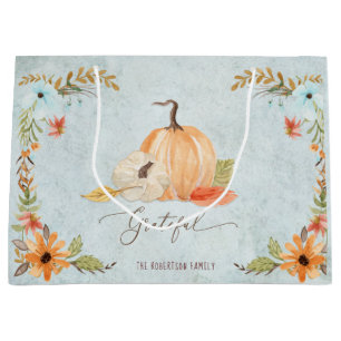 Grateful Thanksgiving Pumpkins Fall Floral Autumn Large Gift Bag
