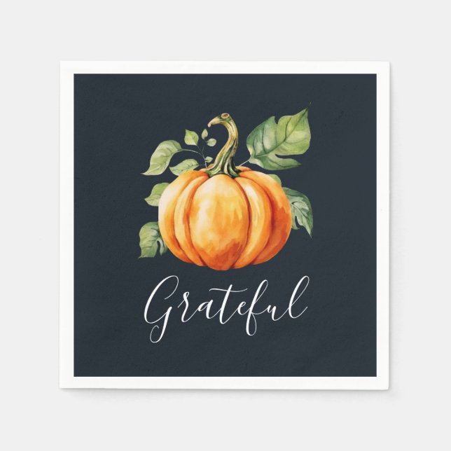 Grateful Thanksgiving Watercolor Pumpkin Napkin (Front)