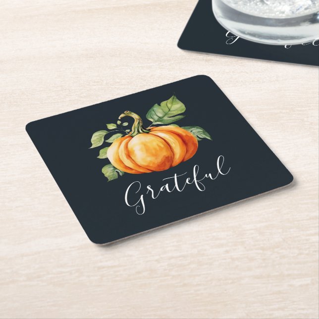 Grateful Thanksgiving Watercolor Pumpkin Square Paper Coaster (Angled)