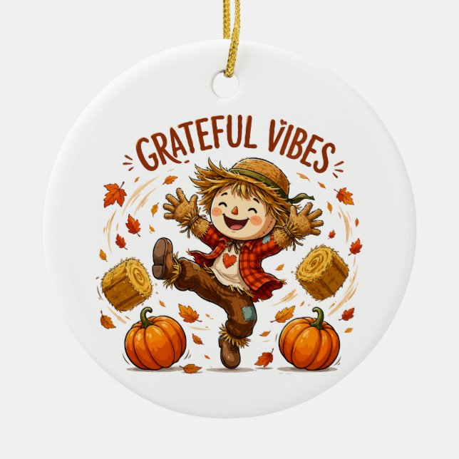 Grateful Vibes Scarecrow Autumn Ceramic Tree Decoration (Front)