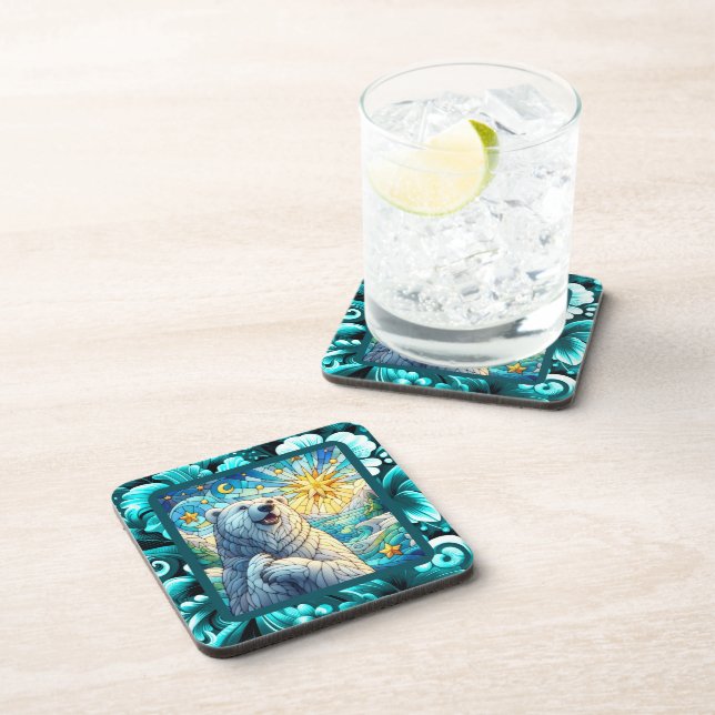 Grateful Whimsical Polar Bear Faux Stained Glass Coaster (Right Side)