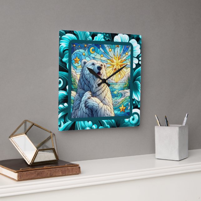 Grateful Whimsical Polar Bear Faux Stained Glass Square Wall Clock (Office)
