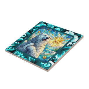 Grateful Whimsical Polar Bear Faux Stained Glass Tile