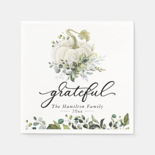 Grateful White Pumpkin Greenery Thanksgiving Napkin
