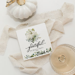 Grateful White Pumpkin Greenery Thanksgiving Napkin