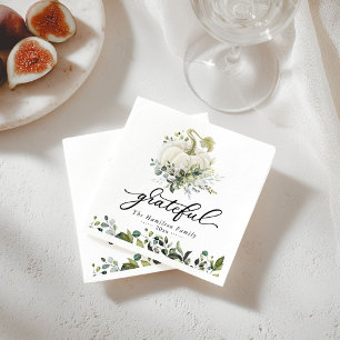 Grateful White Pumpkin Greenery Thanksgiving Napkin