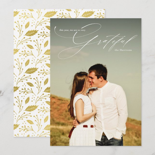 Grateful White Script Calligraphy Full Photo Holiday Card (Front/Back)