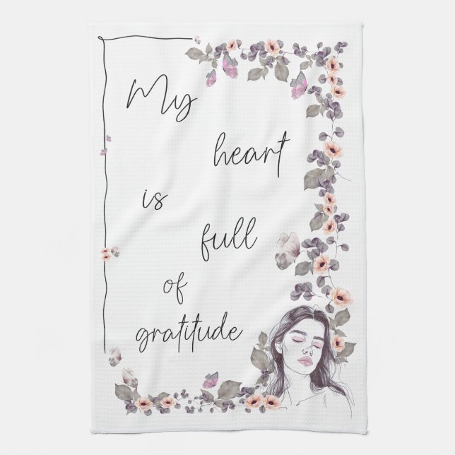 Gratitude Affirmation. Floral Positive Mindset Tea Towel (Vertical)