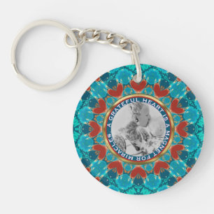 Gratitude Aqua Teal Mandala Custom Words & Photo Key Ring