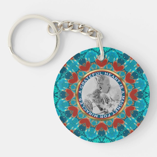 Gratitude Aqua Teal Mandala Custom Words & Photo Key Ring (Front)