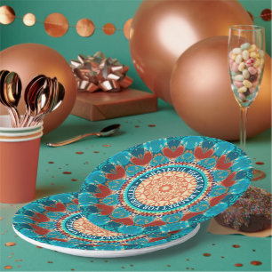Gratitude Aqua Teal Mandala Customisable Quote Paper Plate