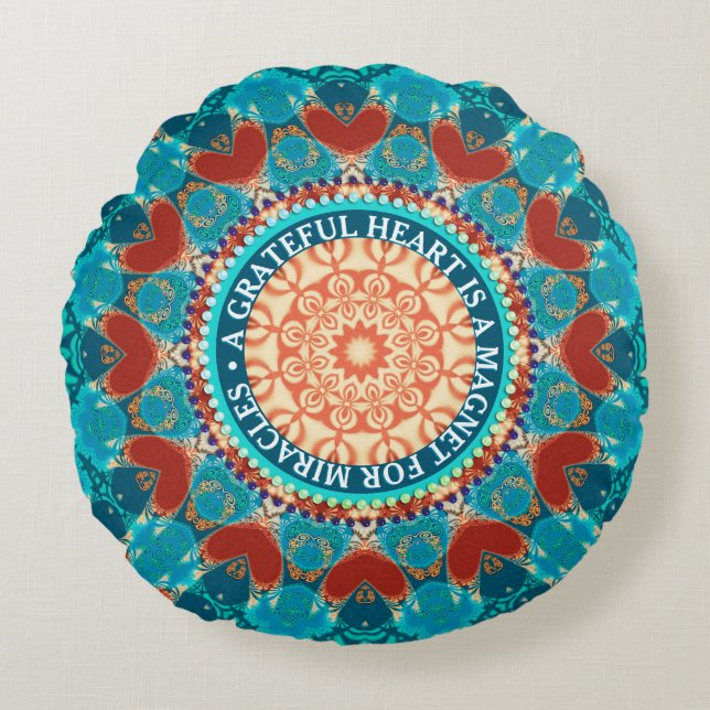 Gratitude Aqua Teal Mandala Customisable Quote Round Cushion (Front)