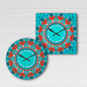 Gratitude Aqua Teal Mandala Customisable Quote Square Wall Clock
