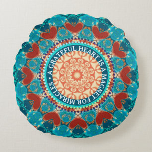 Gratitude Aqua Teal Mandala Customizable Quote Round Cushion