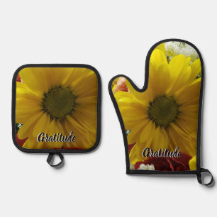 Gratitude Floral Yellow Daisy Photo Oven Mitt & Pot Holder Set