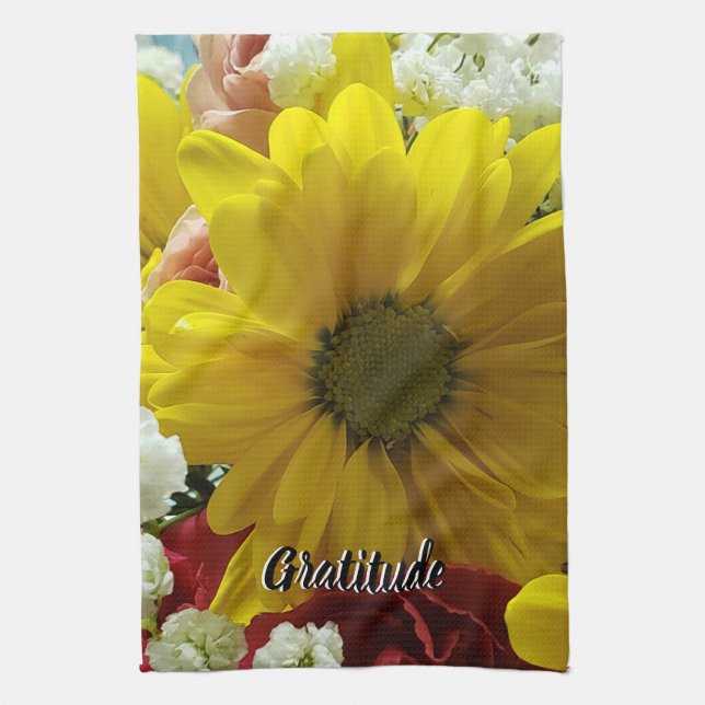 Gratitude Floral Yellow Daisy Photo Tea Towel (Vertical)