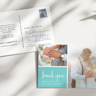 Gratitude in Aqua Wedding Photo Thank You Postcard