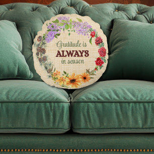 Gratitude in Every Season Floral Wreath Round Cushion