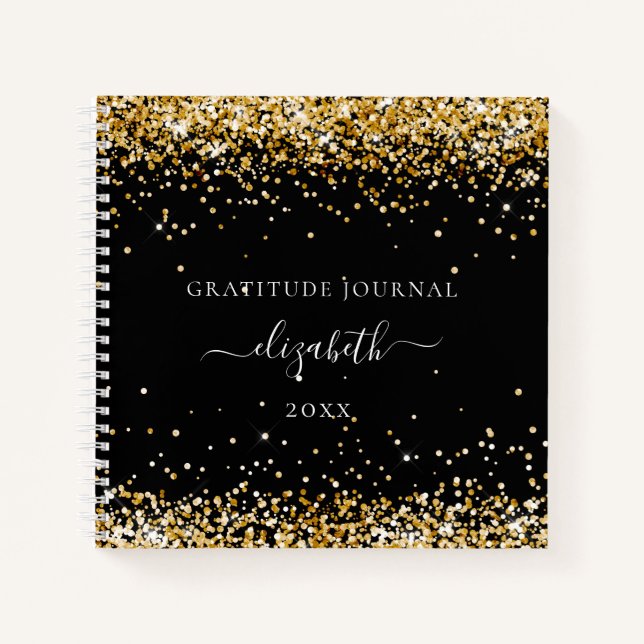 Gratitude journal black gold glitter dust name (Front)